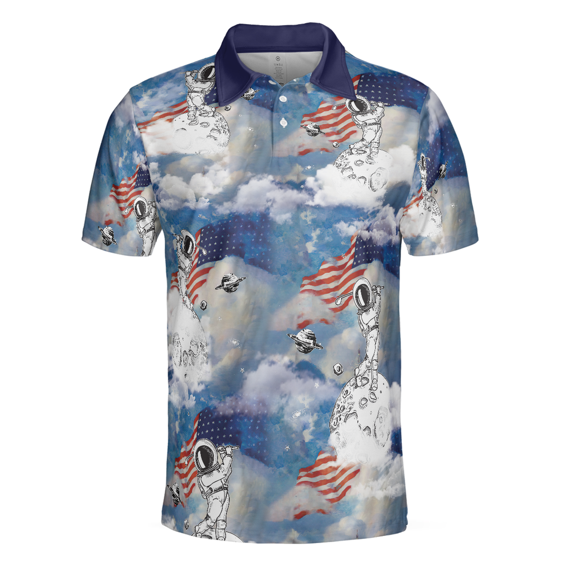 Men Polo Shirt - Astronaut Plays Golf In Space American Flag Men Polo Shirt - Gift For Golfer - Cloud Golfing Men Polo Shirt
