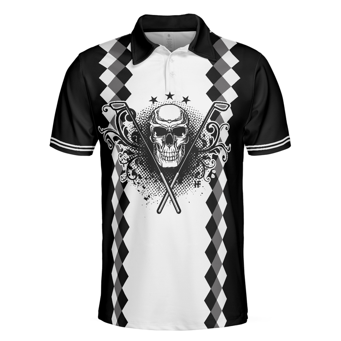 Black And White Argyle Pattern Skull Golf Men Polo Shirt, Grandpa Is My Name Golf Is My Game Golf Shirt For Men