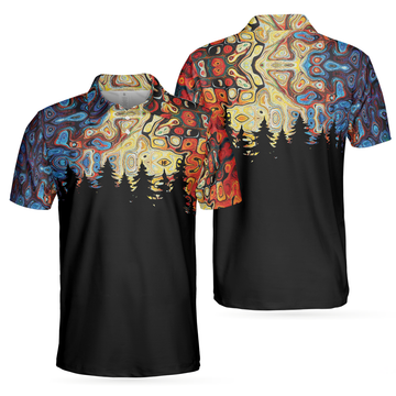 Custom Sky Wavy Abstract Seamless Pattern Polo Shirt, Silhouette Pine Forest Polo Shirt, Black Golf Shirt For Men - Perfect Gift For Men, Golfers