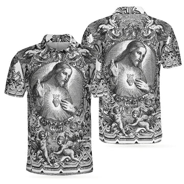 Vintage Inspired Religious Sketch Art Men Polo Shirt