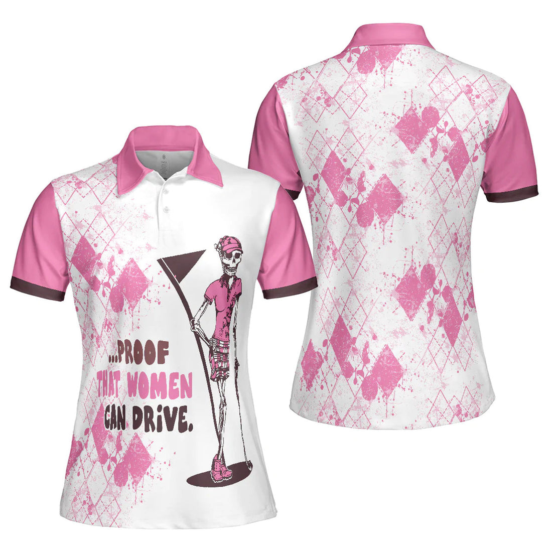 Ladies Mrs. Bones Golf Pink Argyle Pattern Short Sleeve Women Polo Shirt, Proof That Women Can Drive White And Pink Golf Shirt For Ladies