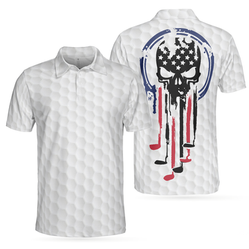 American Skull Golf Clubs Set Short Sleeve White Golf Men Polo Shirt, Wet Paint American Flag Skull Polo Shirt, Best Golf Shirt For Men, Gift For Golfers