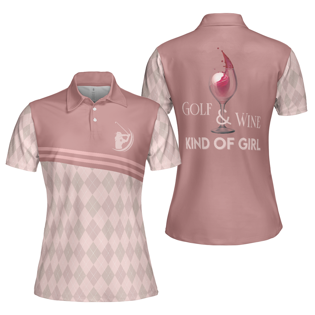 Pink Argyle Pattern Golf Women Polo Shirt, Golf & Wine Kind Of Girl Short Sleeves Shirt, Wine Golf Shirt For Ladies, Best Golf Shirt For Women Golfers