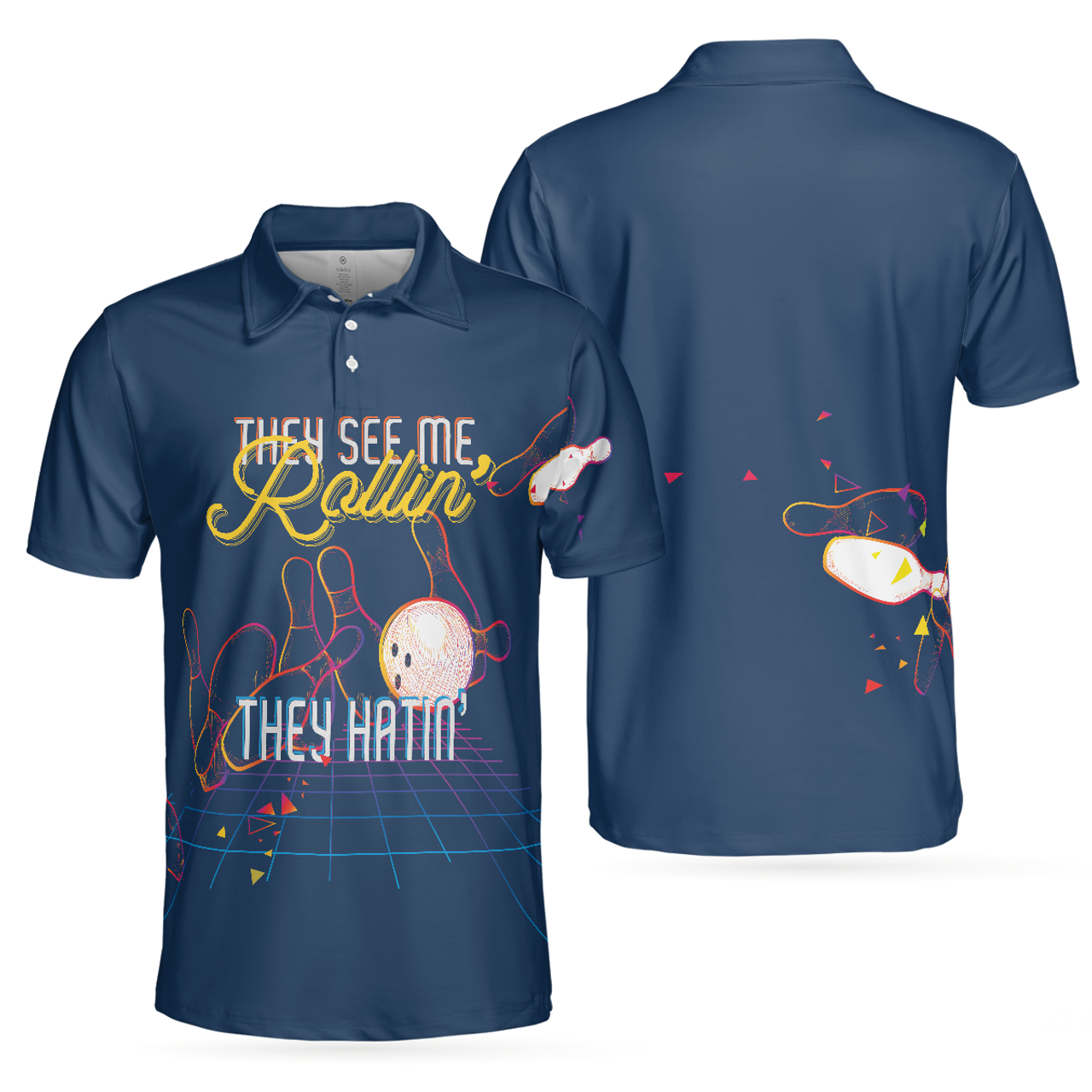 Bowling Men Polo Shirt - They see me Rollin' They Hatin' Polo Shirt, Light Art Bowling Polo Shirt - Perfect Gift For Friend, Family, Bowling Lovers