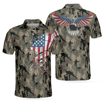 Bowling Men Polo Shirt - Bowling Camouflage American Eagle Flag Polo Shirt - Perfect Gift For Friend, Family, Bowling Lovers