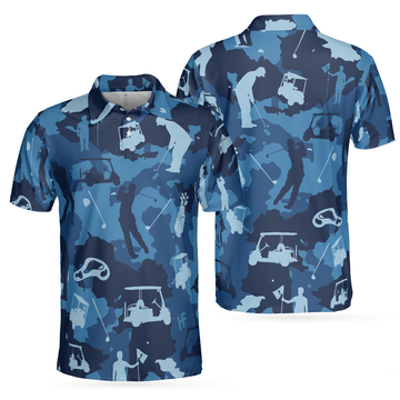 Golf Ocean Blue Camouflage Men Polo Shirt, Streetwear Golfing Polo Shirt, Camo Golf Shirt For Men