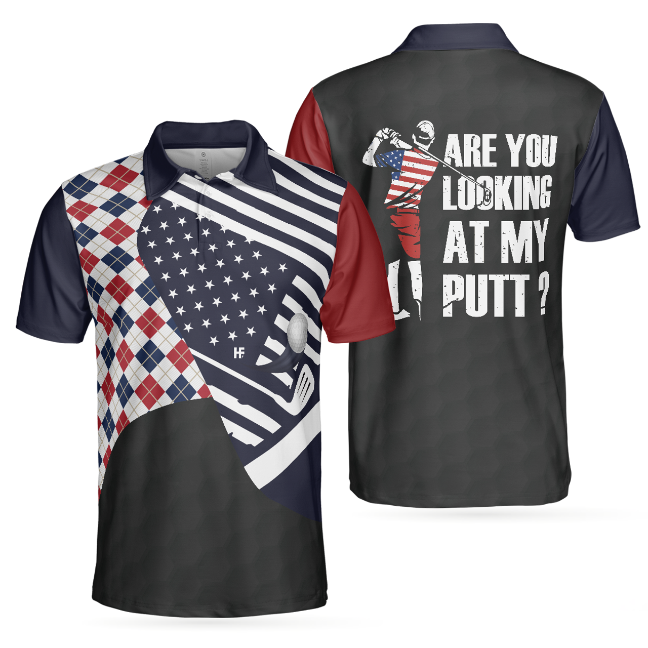 Argyle Pattern USA Flag Men Polo Shirt, Are You Looking At My Putt Shirt For Men Golfers, Gift For Golfers