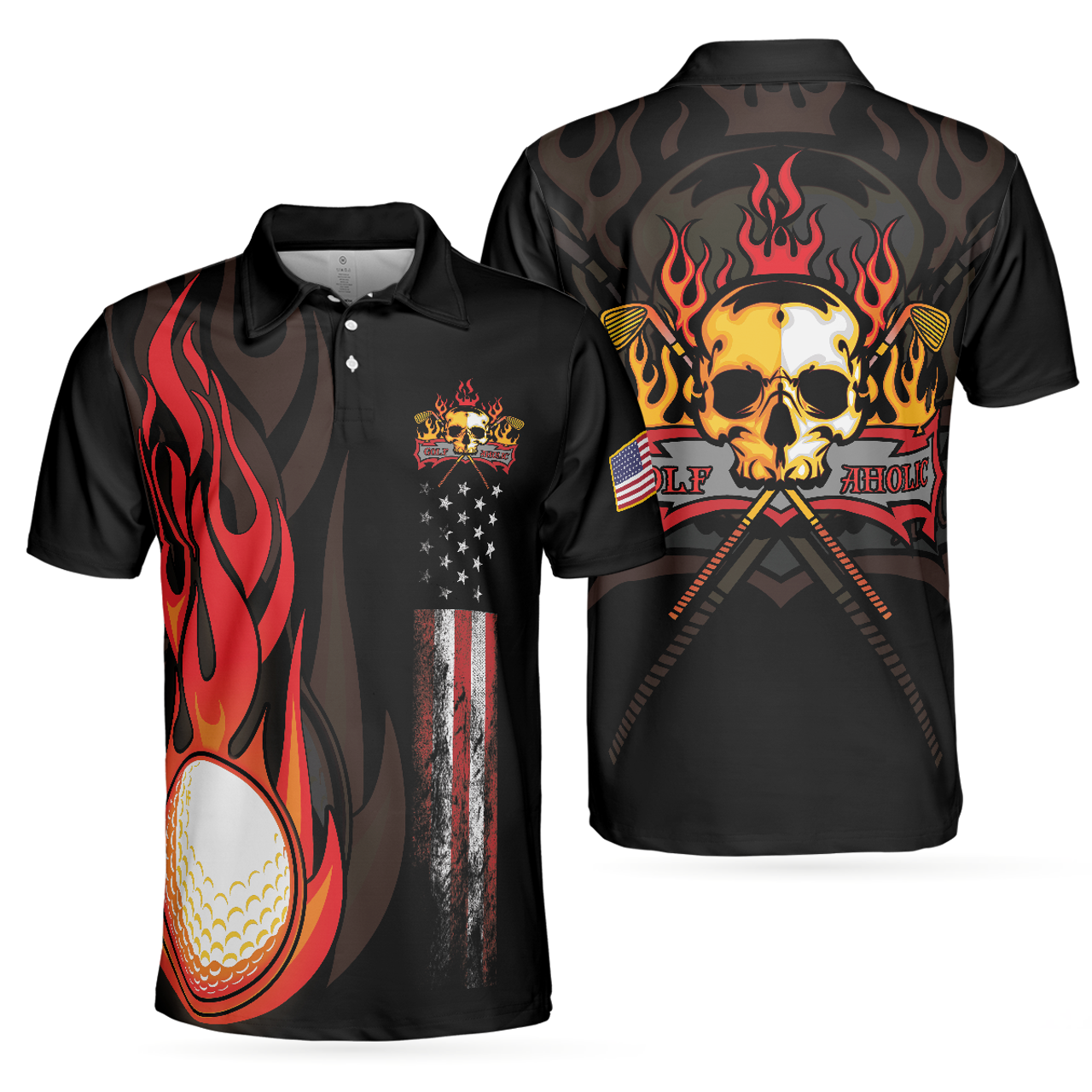 Golf Flame Skull Short Sleeve Golf Men Polo Shirt, Black American Flag Golf Shirt For Men, Cool Gift For Golfers