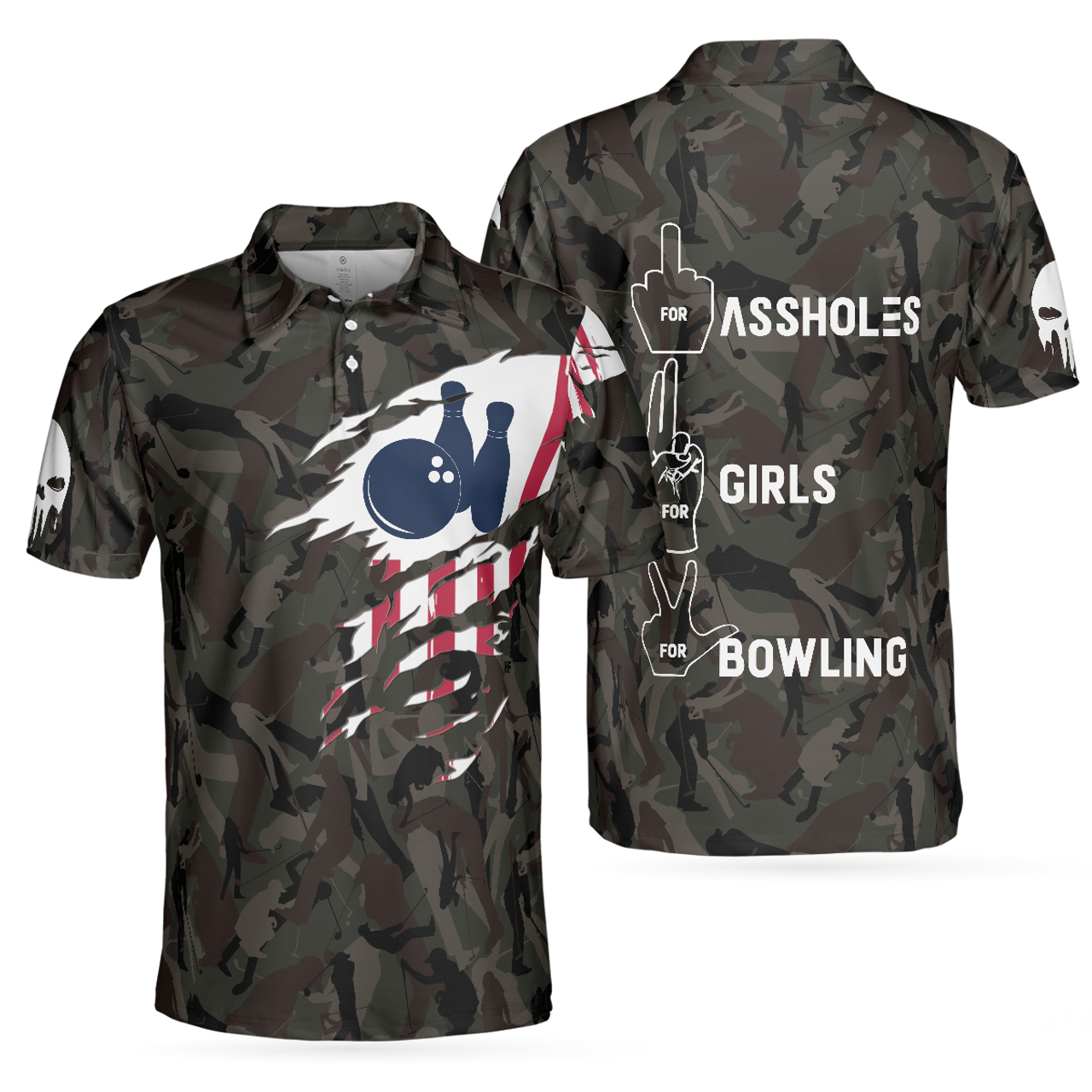 Hand Instruction For Girl And Bowling American Flag Men Polo Shirt, Funny Hand Signs Camouflaged Bowling Polo Shirt For Men, Gift For Patriot Veteran