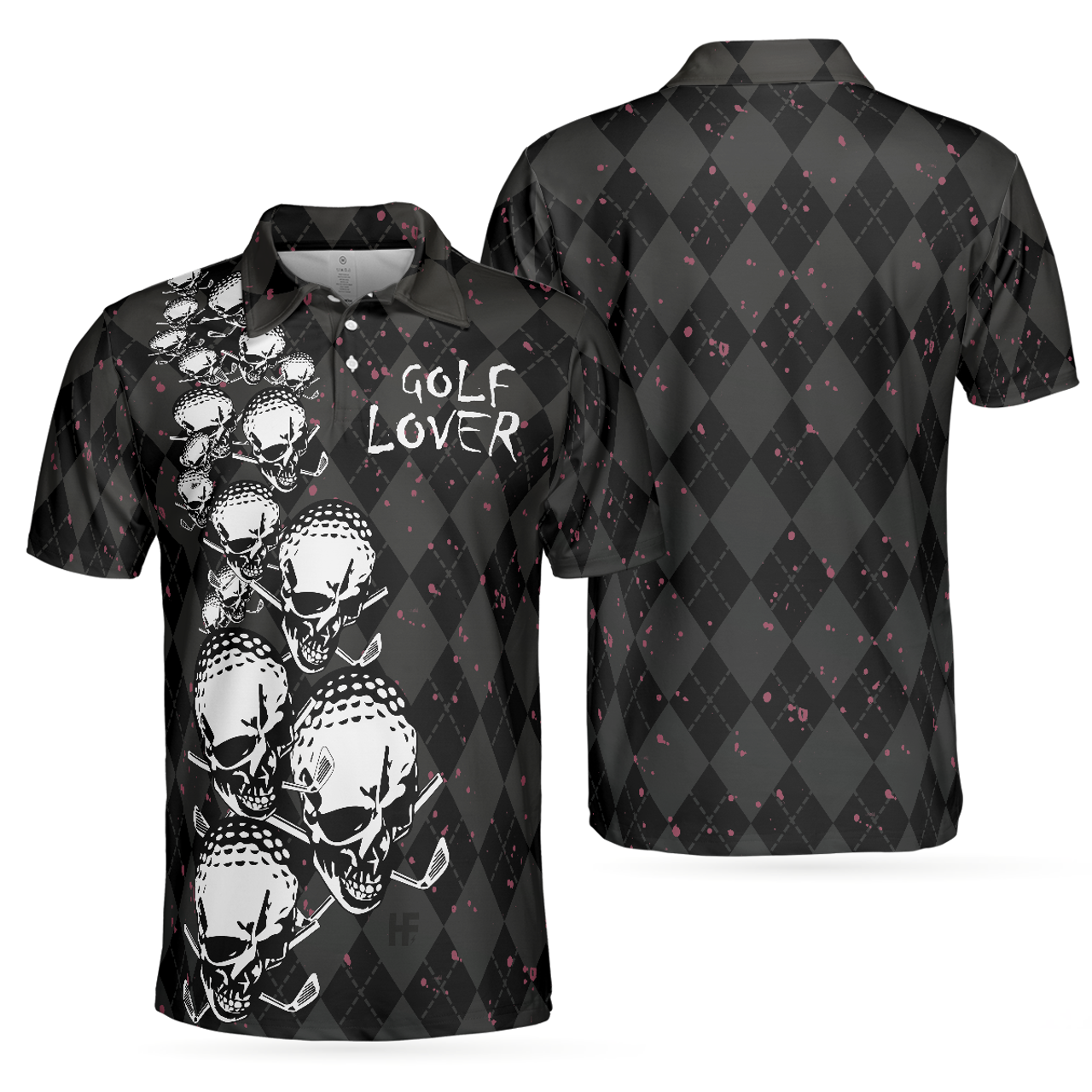 Elegant Argyle Pattern And Skull Golf Lover Polo Shirt, Black Skull Golf Shirt For Men, Best Gift For Men