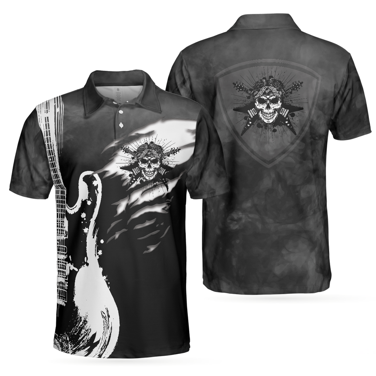 Guitar And Skull Short Sleeve Men Polo Shirt, Streetwear Polo Shirt, Black And White Guitar Shirt For Men