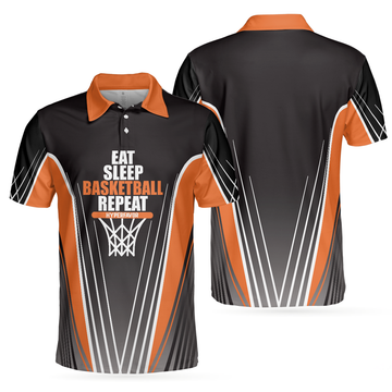 Basketball Players Eat Sleep Basketball Repeat Men Polo Shirt, Black And Orange Basketball Shirt For Basketball Fans, Gift For Basketball Lovers