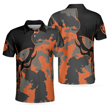 Skull Orange Camouflage Golf Polo Shirt, Streetwear Camo Golf Shirt For Men, Best Polo Shirt For Golfers - Perfect Gift For Men