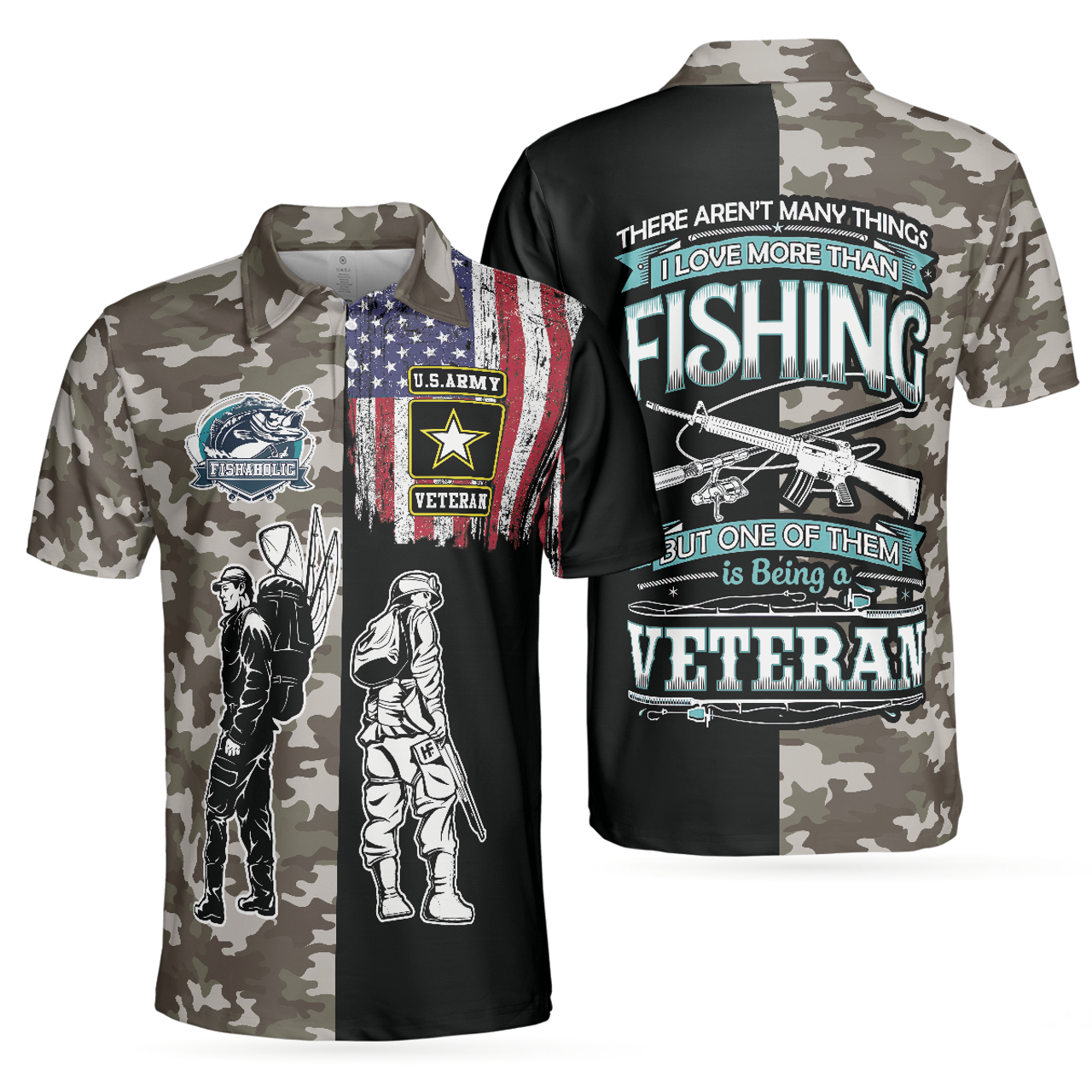 Veteran Fishing With American Flag Polo Shirt, Camouflage Veteran Fisher Sketching Polo Shirt, Patriotic Fishing Shirt For Men - Perfect Gift For Men
