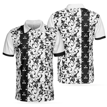 Floral Golf Pattern In White Men Polo Shirt, Black And White Polo Shirt, Floral Golf Shirt For Men