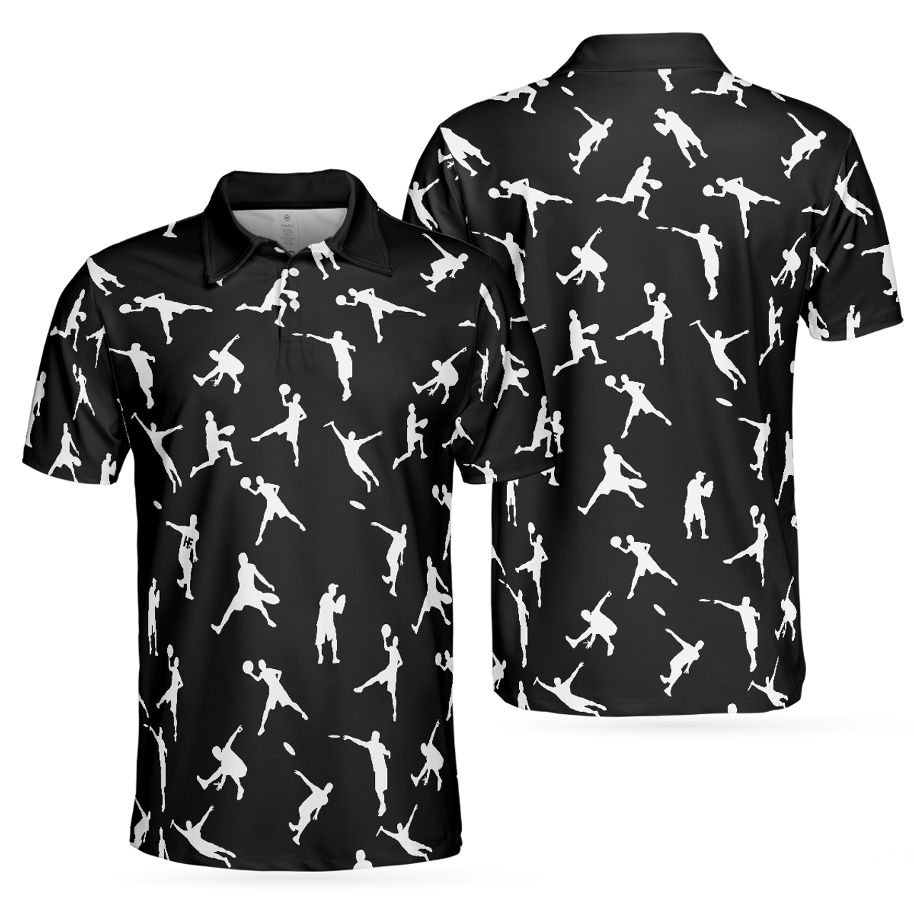 Silhouette Playing Disc Golf Polo Shirt, Black And White Disc Golfer Pattern Polo Shirt, Disc Golf Shirt For Men