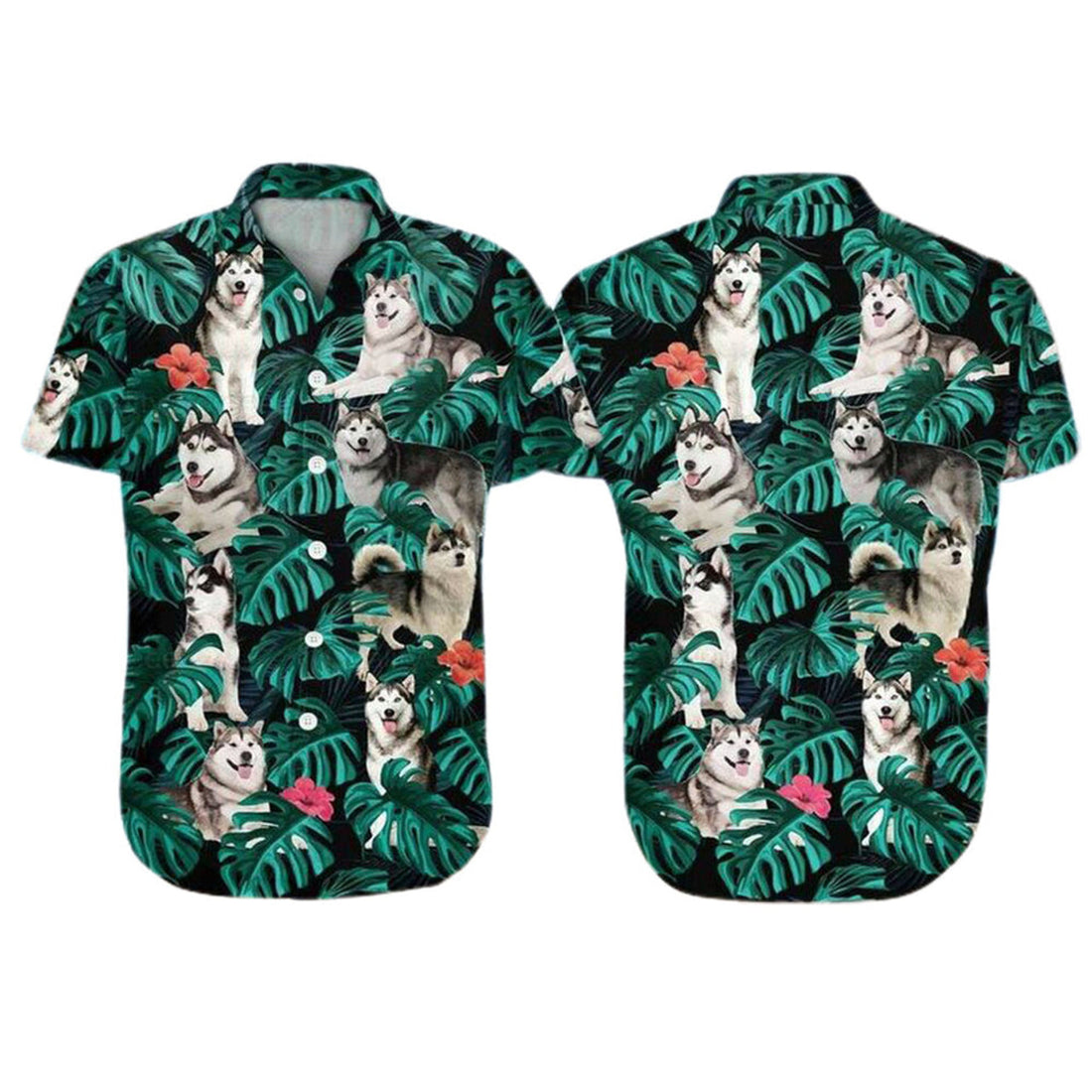 usky Dog Aloha Hawaiian Shirt - Funny Husky Dog Pet Hawaiian Shirt, Tropical Leaves Pattern Hawaiian Shirt For Men