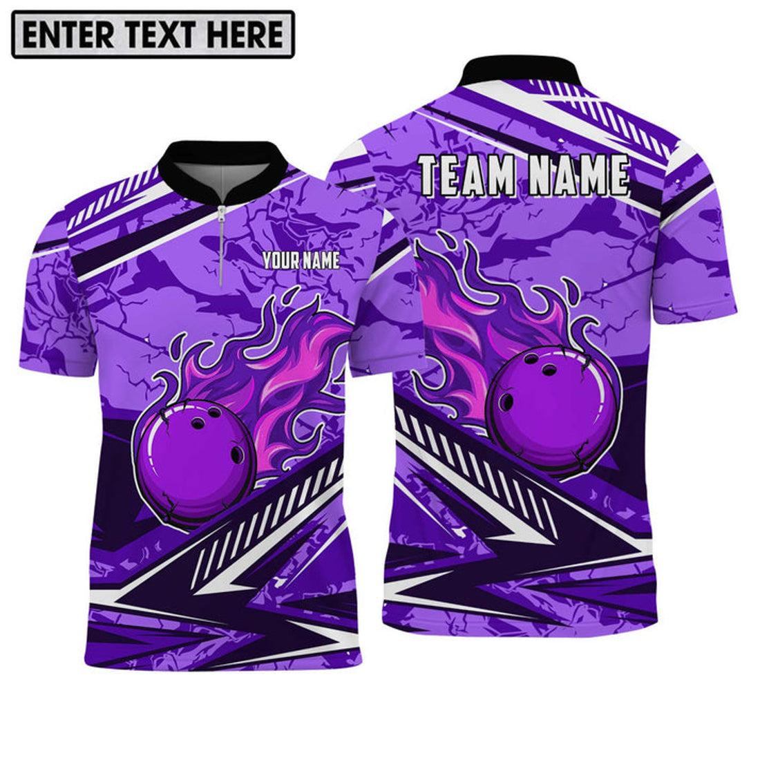 Custom Bowling And Pins Purple Fire Customized Name, Team Name 3D Jersey Shirt For Men
