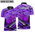 Custom Bowling And Pins Purple Fire Customized Name, Team Name 3D Jersey Shirt For Men