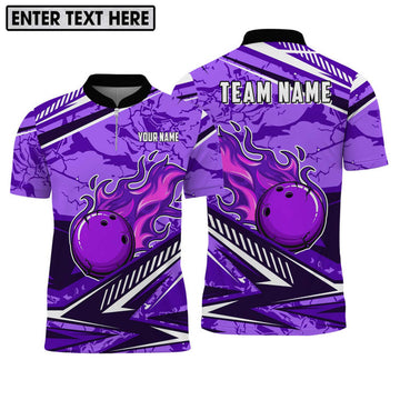 Custom Bowling And Pins Purple Fire Customized Name, Team Name 3D Jersey Shirt For Men