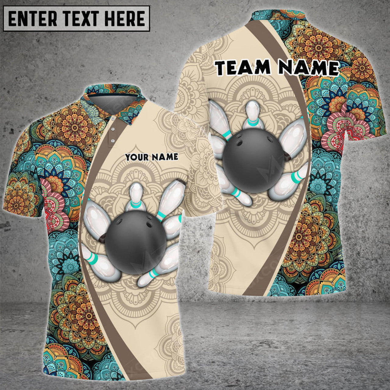 Custom Bowling And Pins Mandala Pattern Multicolor Option Customized Name 3D Polo Shirt