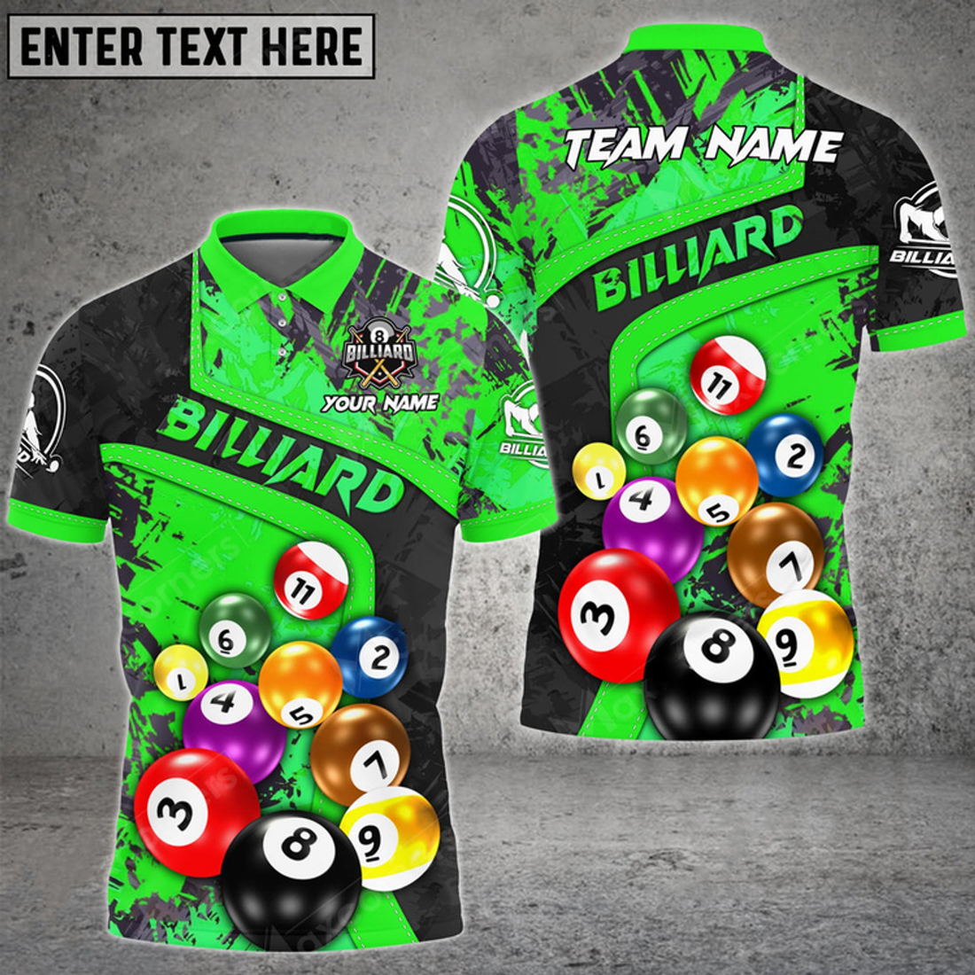 Custom Billiards Grunge Texture Multilcolor Personalized Name, Team Name Unisex 3D Polo Shirt
