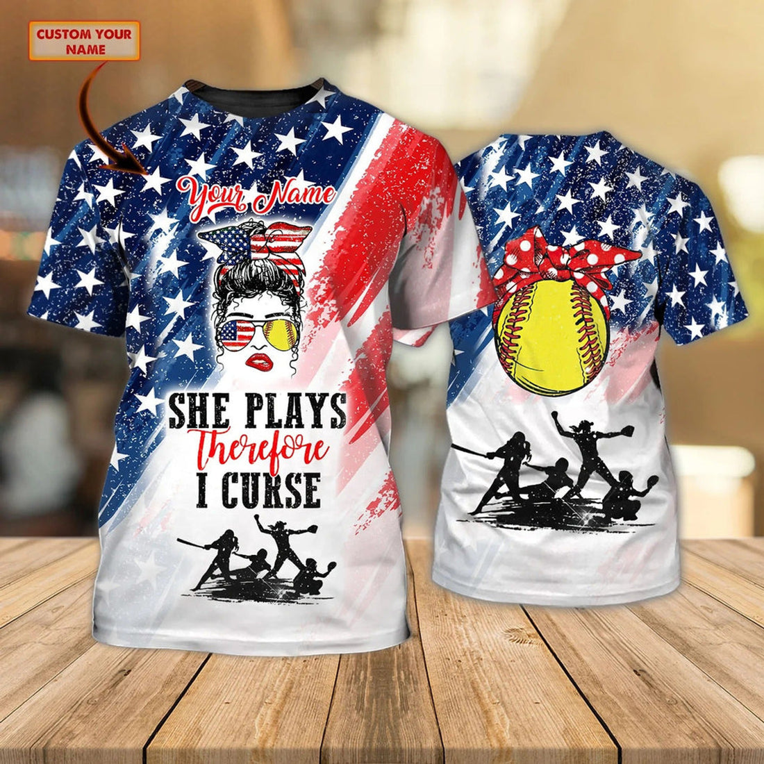 FUNSTUFFPRINT Personalized Funny Baseball Shirt American Flag Pattern, She Plays Therefore I Cruse, Baseball Mom 3D T-shirt