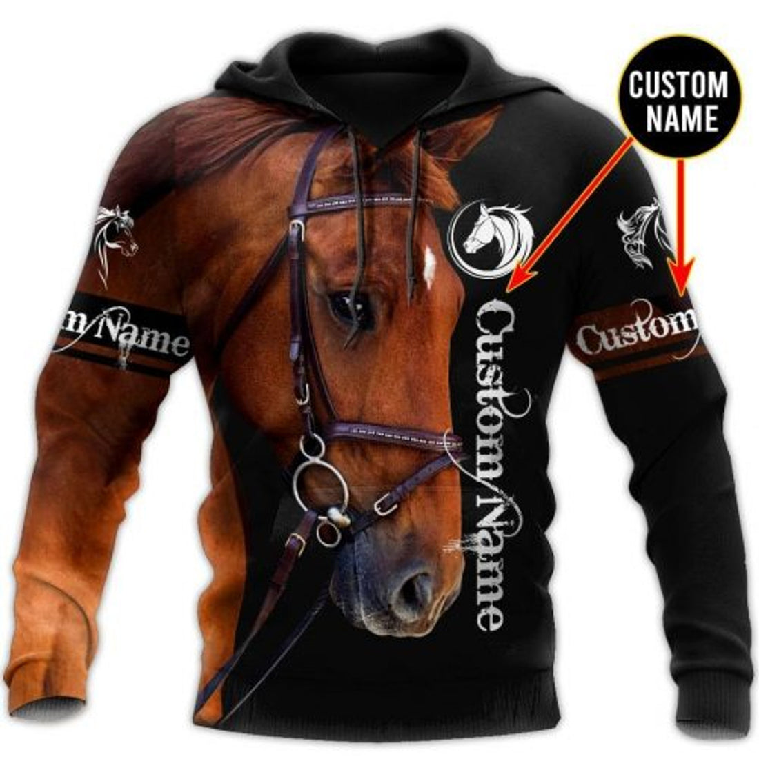 FUNSTUFFPRINT Custom Name 3D All Over Printed Horse Hoodie Black 3D Hoodie and Zip Hoodie