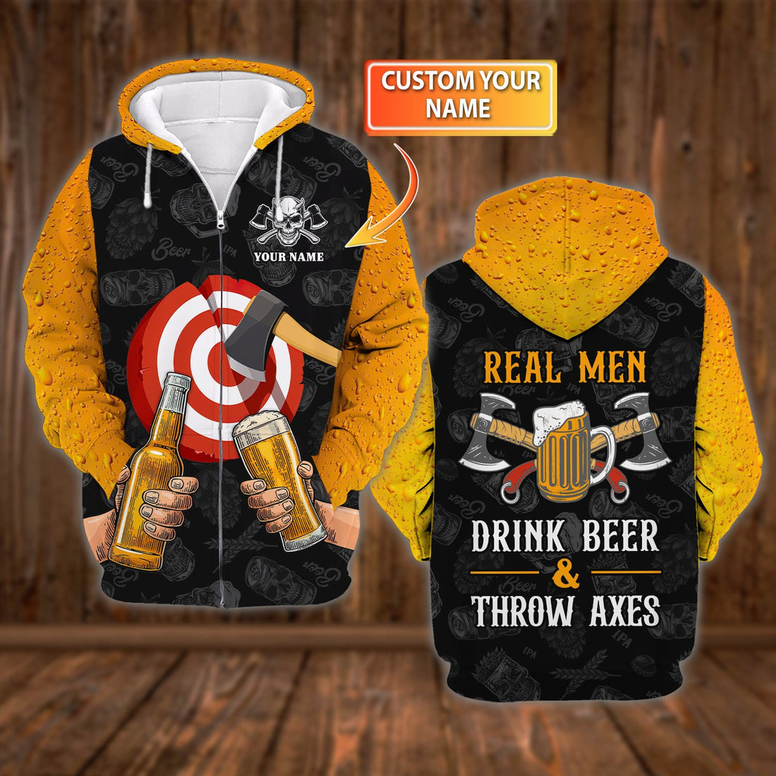 FUNSTUFFPRINT Real Men Drink Beer And Throw Axe Personalized Name 3D Hoodie and Zip Hoodie