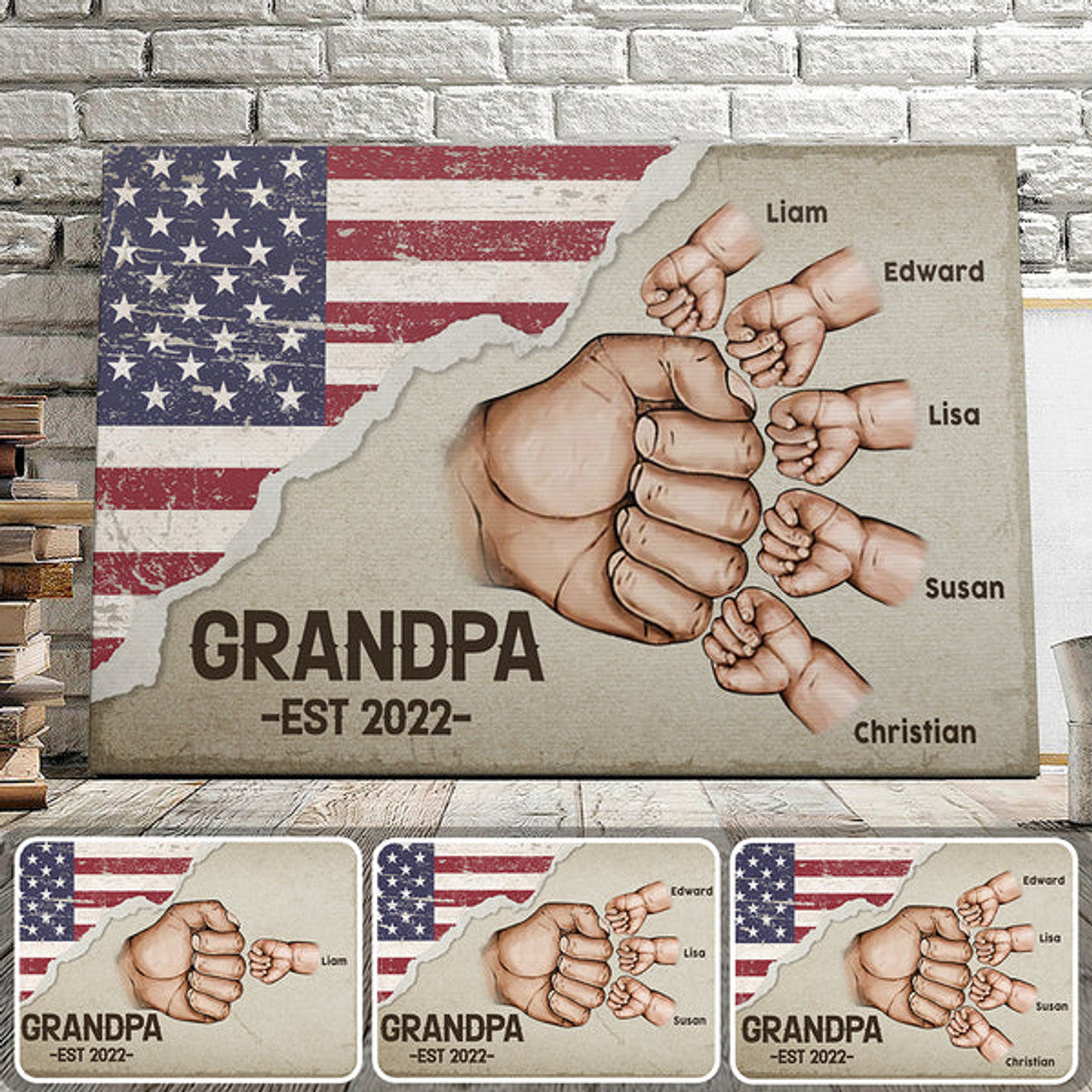 Personalized Grandpa Canvas Wall Art - Custom Grandkid Name Family Wall Art - House Decor - 4th Of July Wall Art 