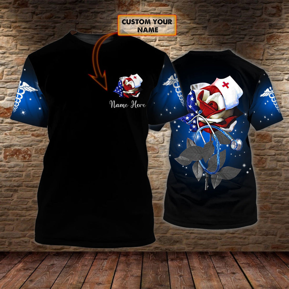 FUNSTUFFPRINT Personalized Nurse Flower American 3D Shirt, Nurse Shirt, Gift for Nurse Women 3D T-shirt