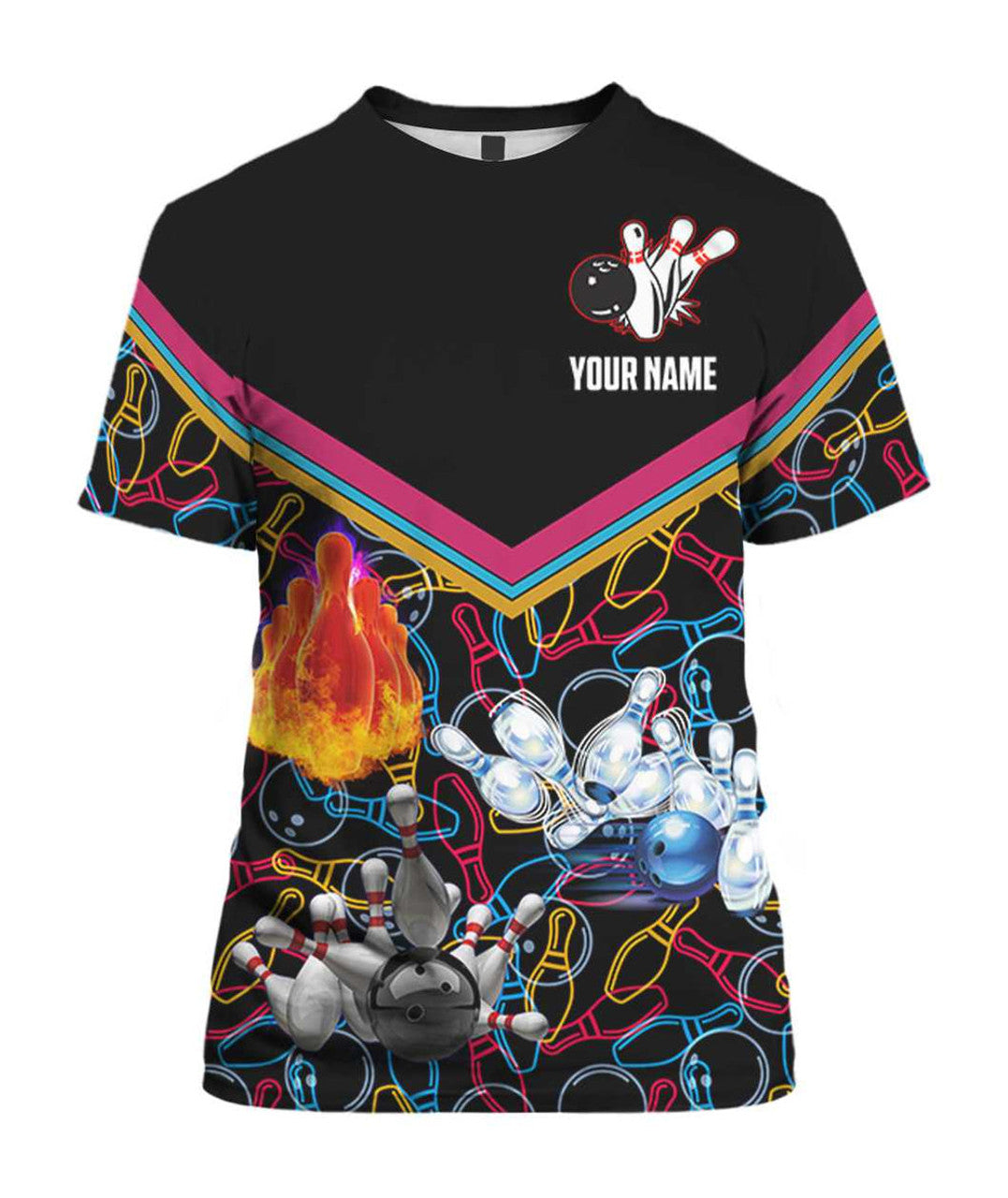 FUNSTUFFPRINT Personalized 3D Black Bowling Shirt Men Women, Custom Colorful Bowling T-Shirt, Bowling Team Uniform, Bowling Gifts 3D T-shirt