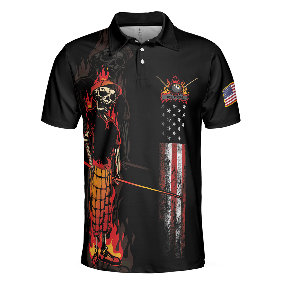 Mr Bones 8 Ball American Flag Billiards Short Sleeve Polo Shirt, Cool Skeleton Billiards Shirt For Men