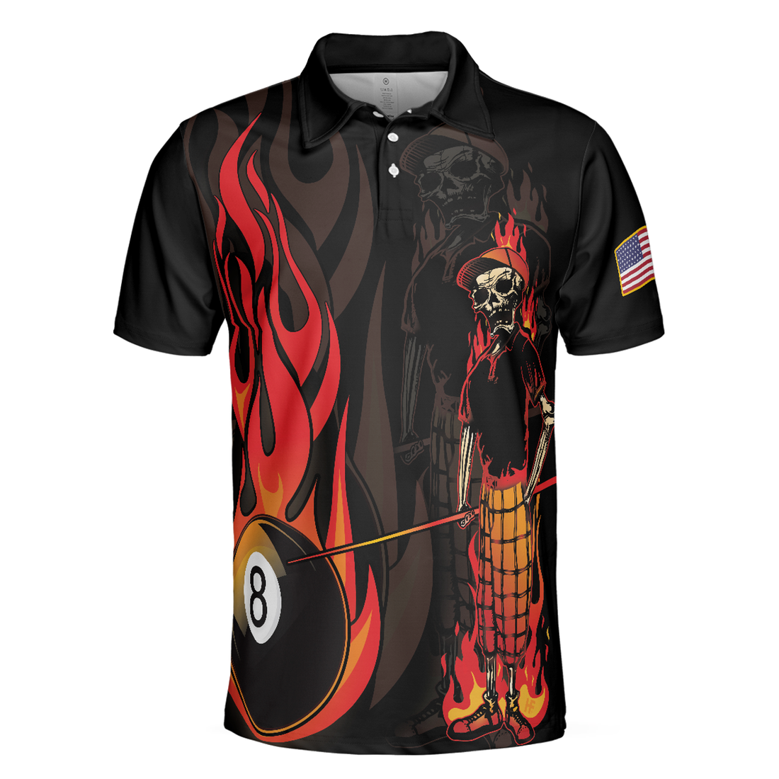 Mr Bones 8 Ball American Flag Billiards Skull Short Sleeve Polo Shirt, Cool Skeleton Billiards Shirt For Men