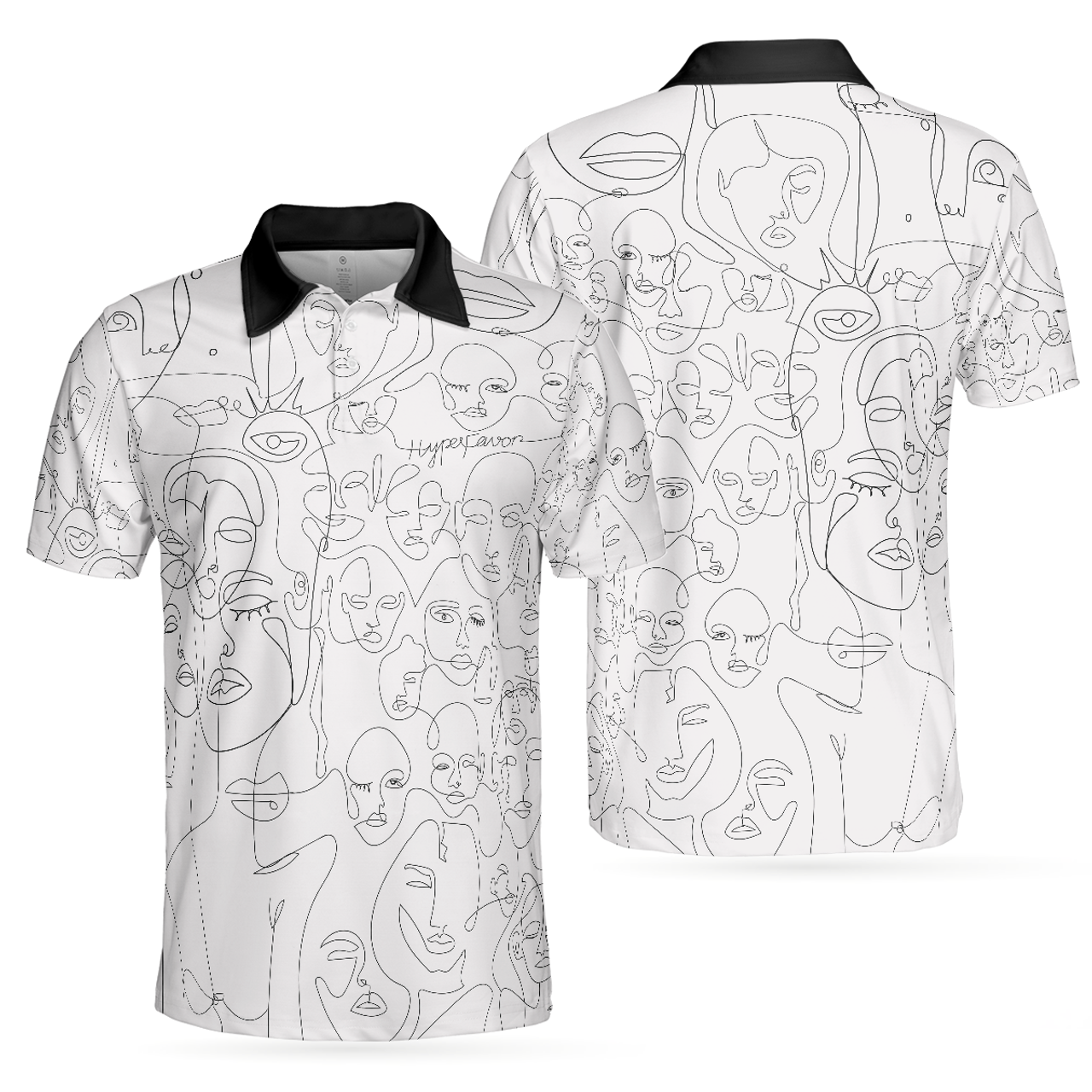 Multiple Face One Line Art White Version Polo Shirt, Black And White Abstract Art Polo Shirt For Men