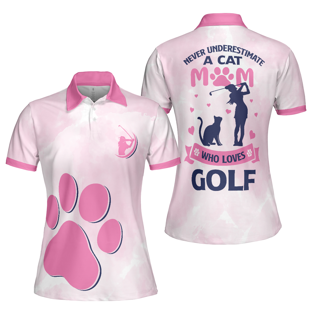 Never Underestimate A Cat Mom Golf Girl V2 Short Sleeve Women Polo Shirt, Pink Paw Pattern Golf Shirt, Golf Gift For Cat Lovers