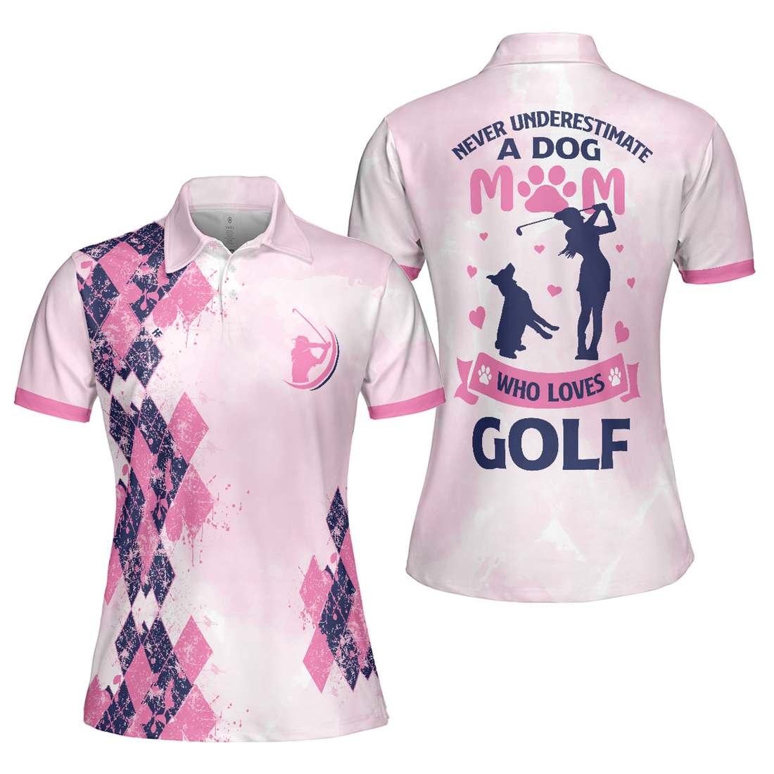 Never Underestimate A Dog Mom Golf Girl Short Sleeve Women Polo Shirt, Pink Argyle Pattern Golf Shirt, Golf Gift For Dog Lovers