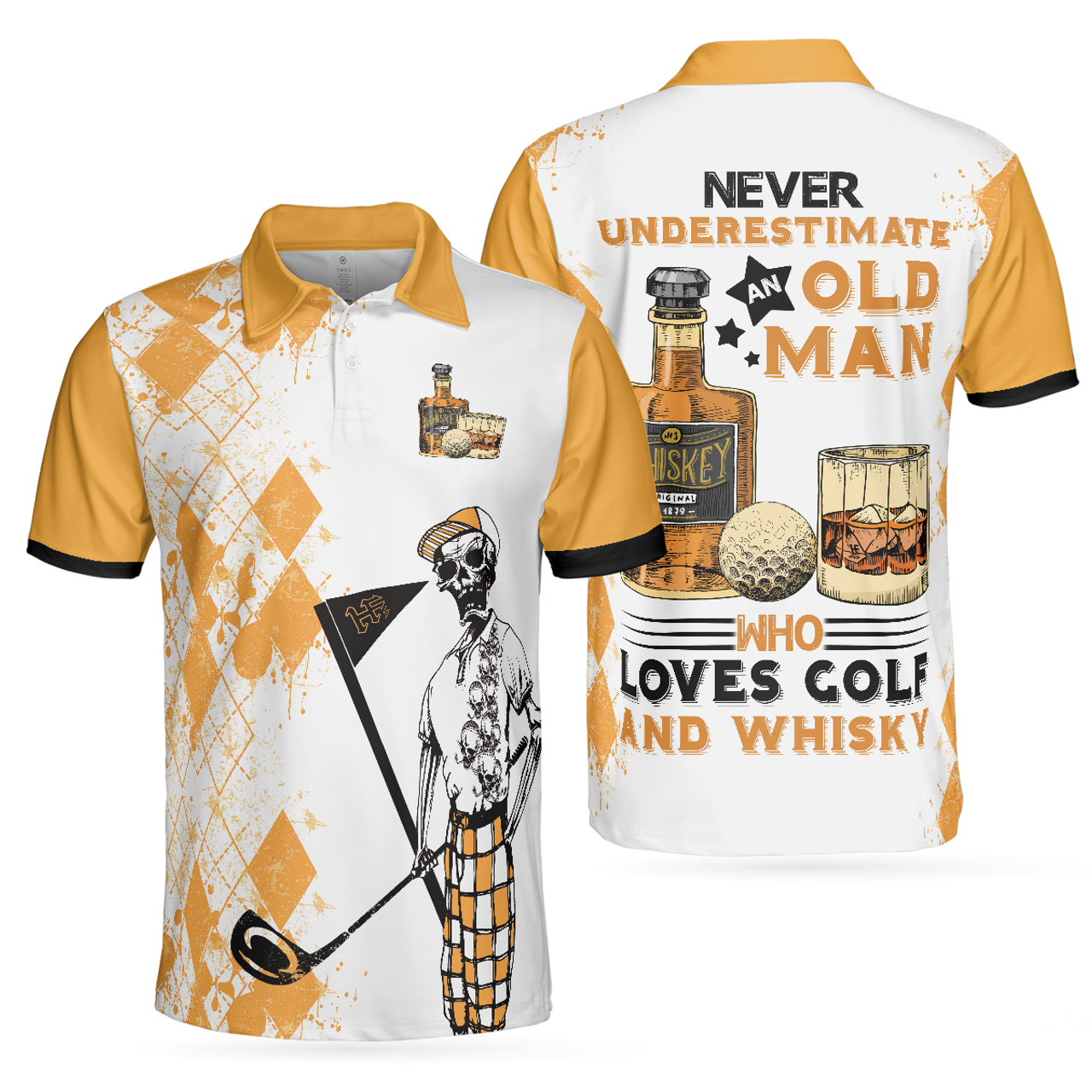 Never Underestimate An Old Man Drinking Whisky Golf Polo Shirt, Argyle Pattern Skeleton Golf Shirt For Men