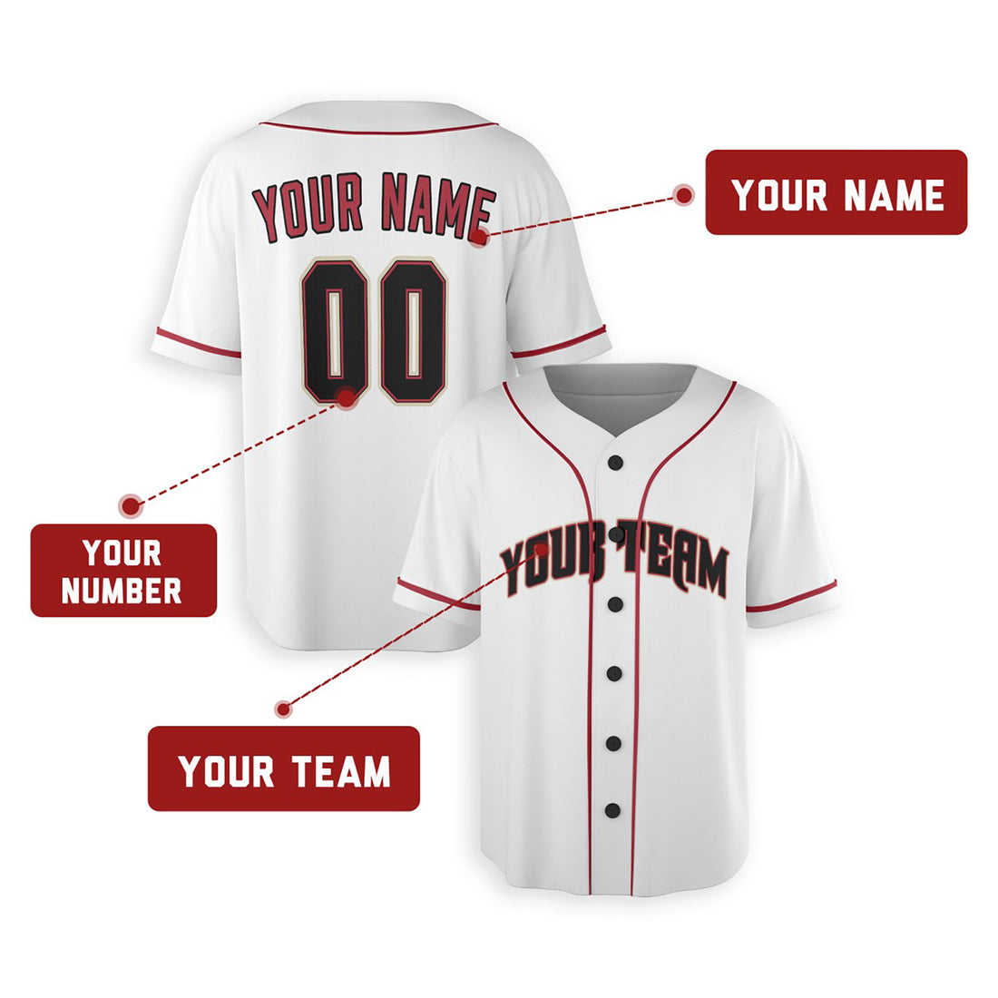 Personalized Arizona Baseball Jersey – White Classic Style 2, Custom Name & Number for Kids & Adults