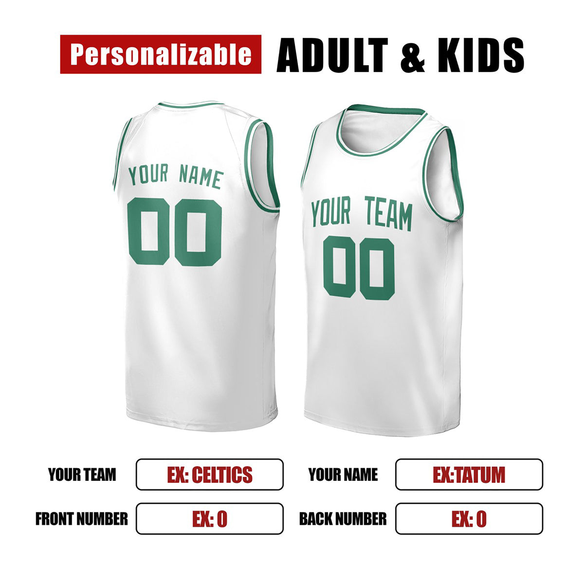 Personalized Boston Basketball Jersey – White Classic Style, Custom Name & Number for Kids, Youth & Adults-2