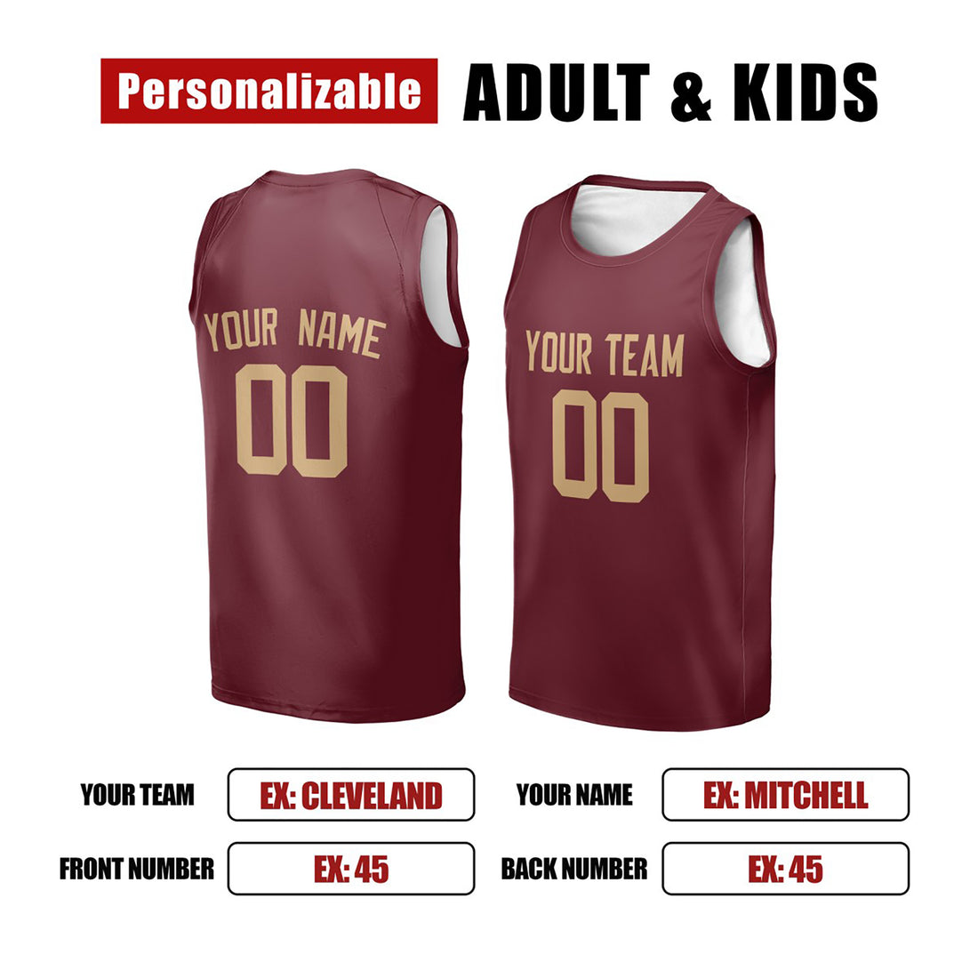 Personalized Cleveland Basketball Jersey – Wine Red Classic Style, Custom Name & Number for Kids, Youth & Adults-1