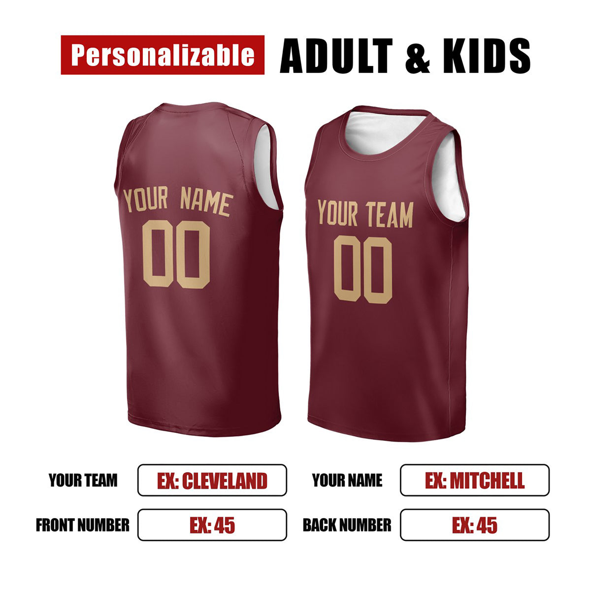 Personalized Cleveland Basketball Jersey – Wine Red Classic Style, Custom Name & Number for Kids, Youth & Adults-2