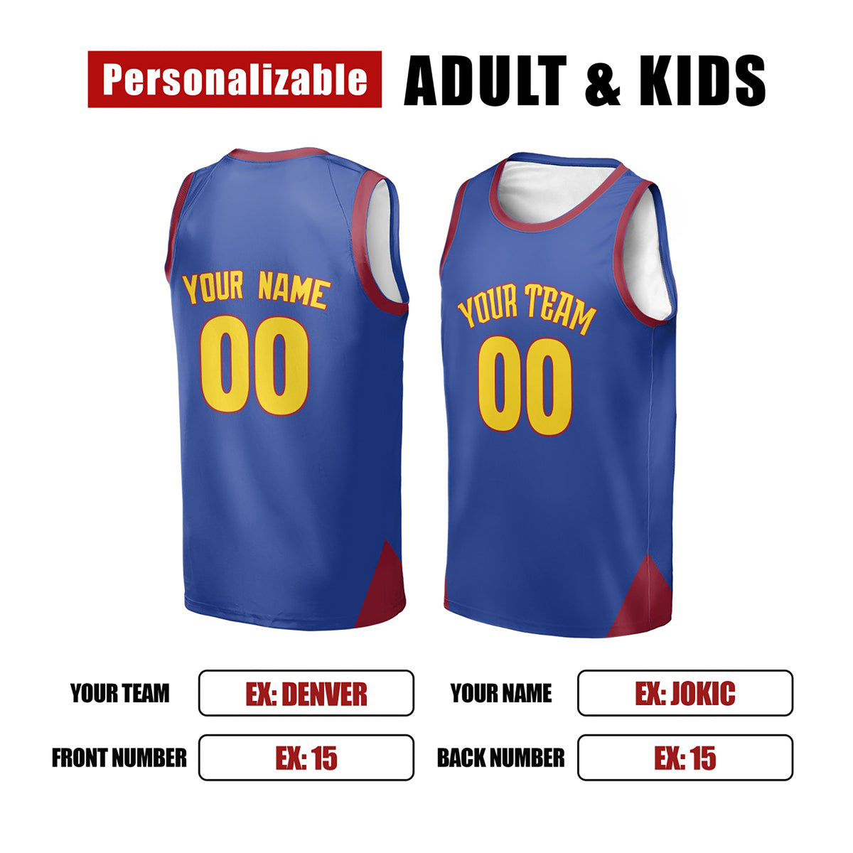 Personalized Denver Basketball Jersey – Blue Bold Athletic Style, Custom Name & Number for Kids, Youth & Adults-2