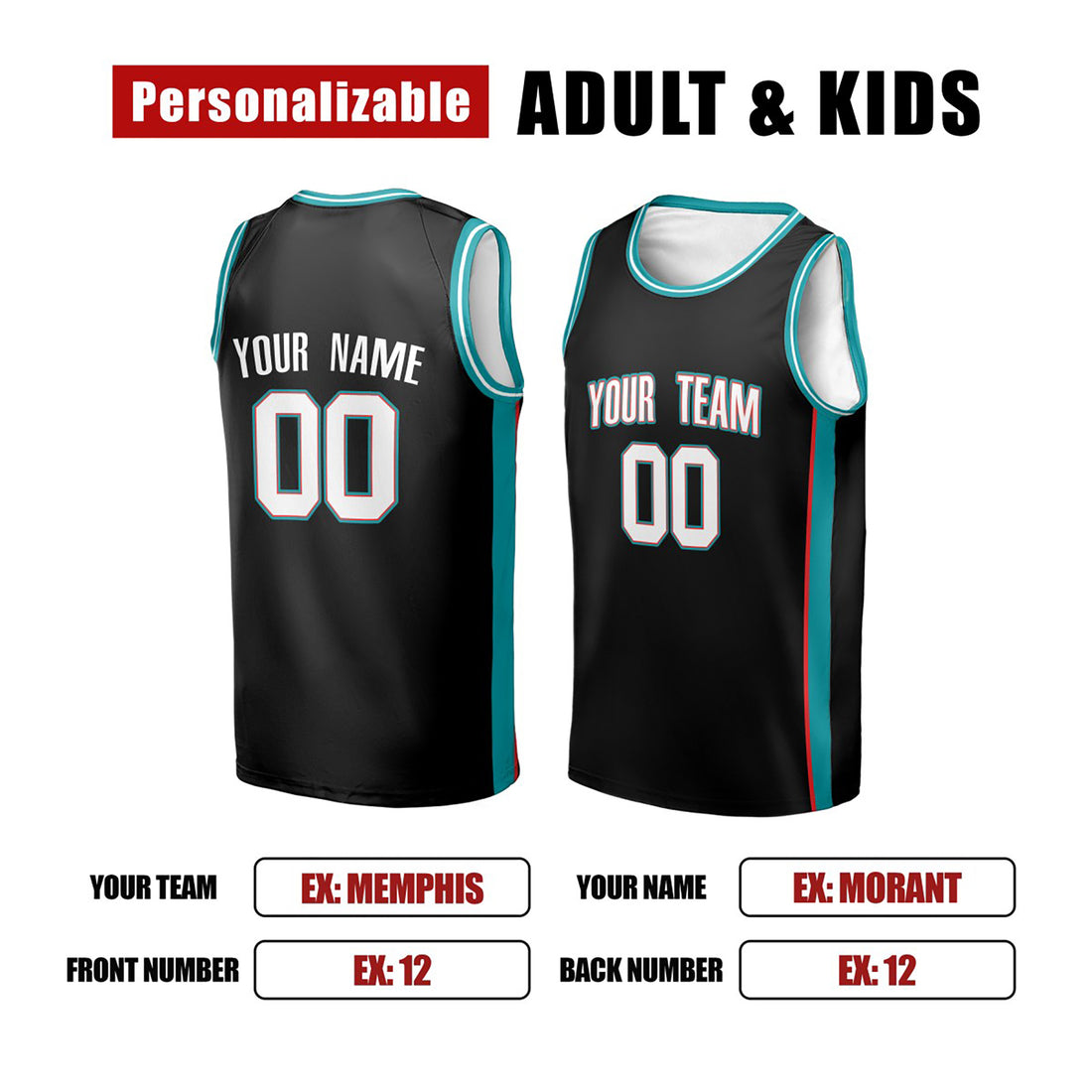 Personalized Memphis Basketball Jersey – Black Classic Style, Custom Name & Number for Kids, Youth & Adults-1
