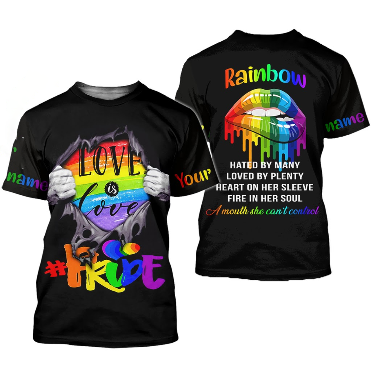 FUNSTUFFPRINT Customized With Name Rainbow Lips 3D LGBT-Shirt, Pride Love Is Love, Support LGBT Gift 3D T-shirt
