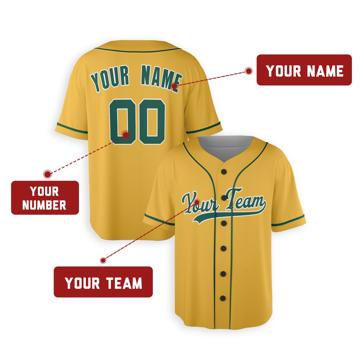 Personalized Oakland Gold Baseball Jersey – Custom Name & Number, Kids & Adults-2