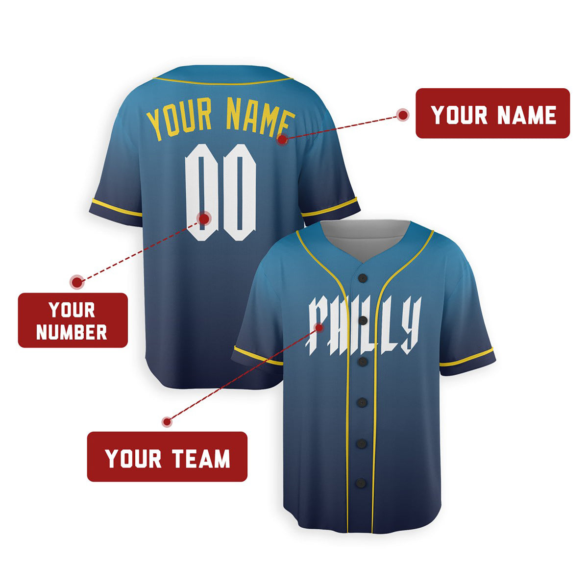 Personalized Philadelphia Baseball Jersey – Blue City-Inspired Style, Custom Name & Number for Kids & Adults-2