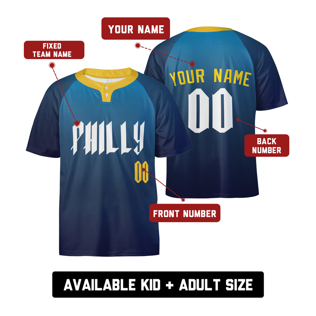 Personalized Philadelphia Two-Button Baseball Jersey – Philly City-Inspired Style for Men, Women & Youth-1