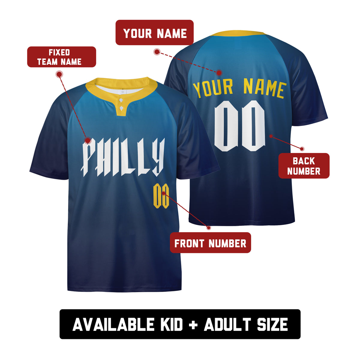 Personalized Philadelphia Two-Button Baseball Jersey – Philly City-Inspired Style for Men, Women & Youth-2