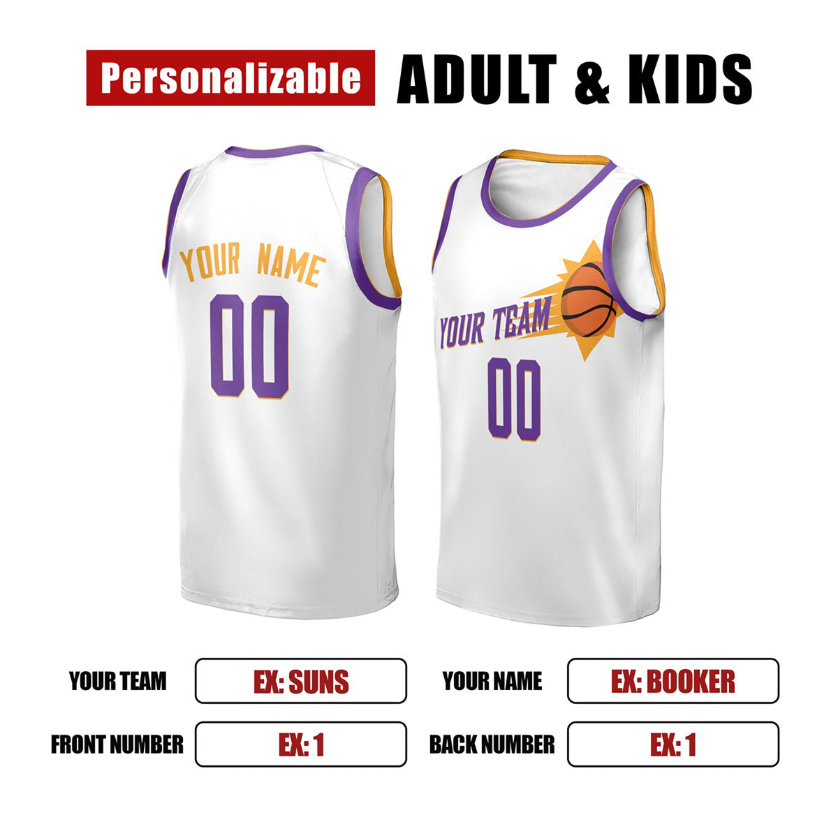 Personalized Phoenix Basketball Jersey – White Classic Style, Custom Name & Number for Kids, Youth & Adults-2